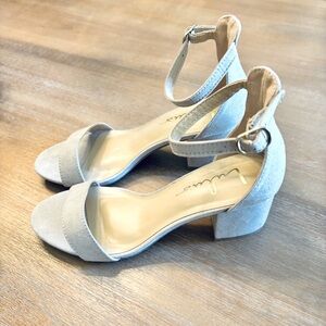 Lulu’s Harper Natural Suede Ankle Strap Block Heel Sandals, Size 5.5